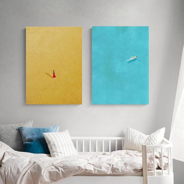 

gohipang swimming pool alone girl print posters illustration series canvas art painting home living room wall picture decoration