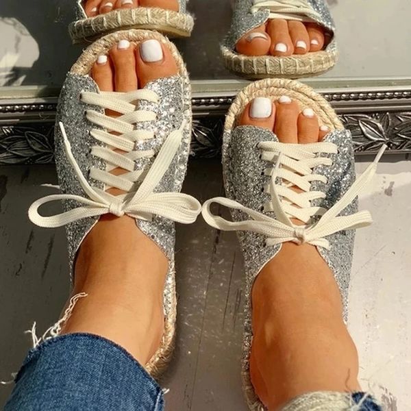 

women slippers flat slides espadrille lace up ladies sequine cloth straw female fashion summer casual shoes mule 2020, Black