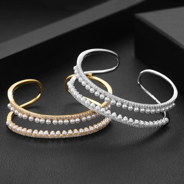 

godki 2020 luxury 2rows pearl cuff bangles for women wedding bagutte cut cubic zircon crystal cz dubai bracelet party jewelry, Black