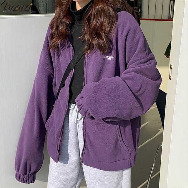 

hoodies women loose plus velvet zip up pockets letter casual oversize bf ulzzang harajuku daily streetwear womens trendy, Black