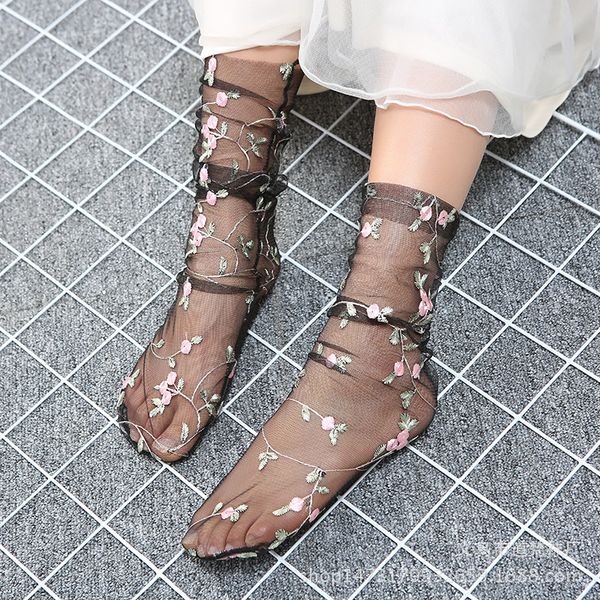

socks & hosiery 2 colors embroidery flowers tulle women transparent ultra-thin long lolita ladies mesh floral funny, Black;white
