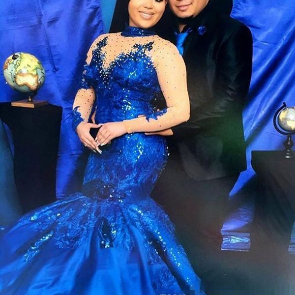 

new customize royal blue evening dresses high neck long sleeves lace appliques evening gowns plus size satin mermaid formal wear, Black;red