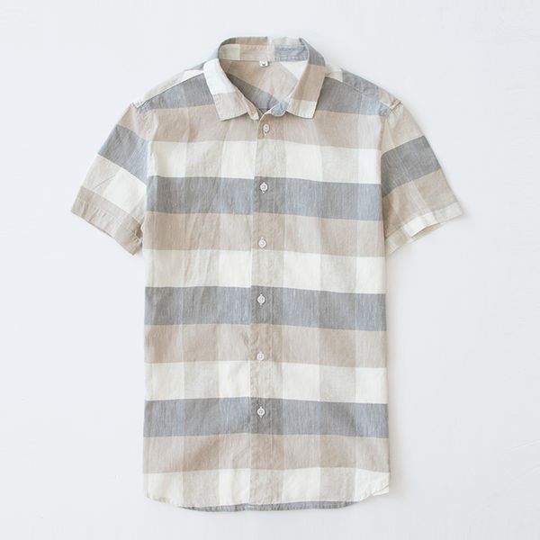 

italy style suehaiwe's brand new plaid shirt men summer short-sleeved linen men shirts turn-down collar flax mens shirt camisa, White;black