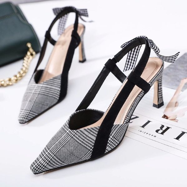 

2020 summer women shoes houndstooth fashion high heel sandals pointed toe plaid ladies shoes women catwalk thin heels new, Black