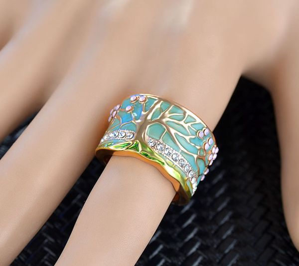 

2020 flower tree rings fashion gold pink opal green enamel wide ring for woman party crystal vintage jewelry, Golden;silver