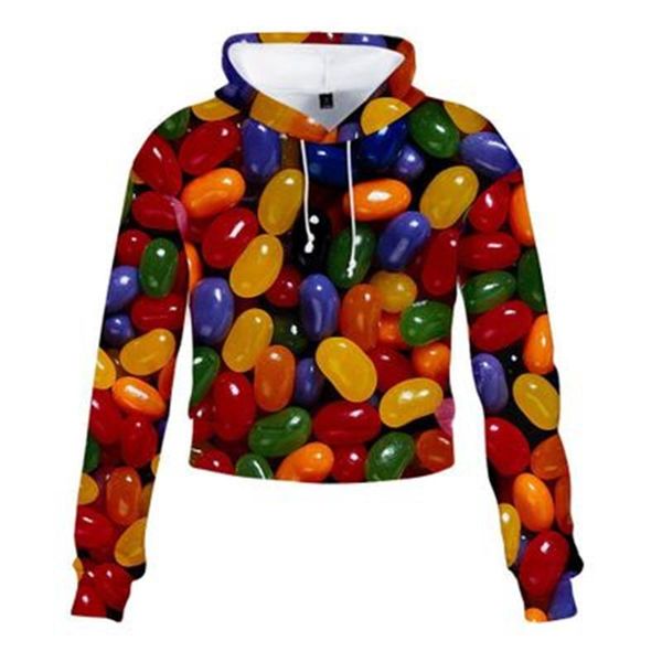 

women sweets loose hoodies fashion 3d digital printing long sleeve casual pullovers designer female exposed navel high waist short hoodies, Black