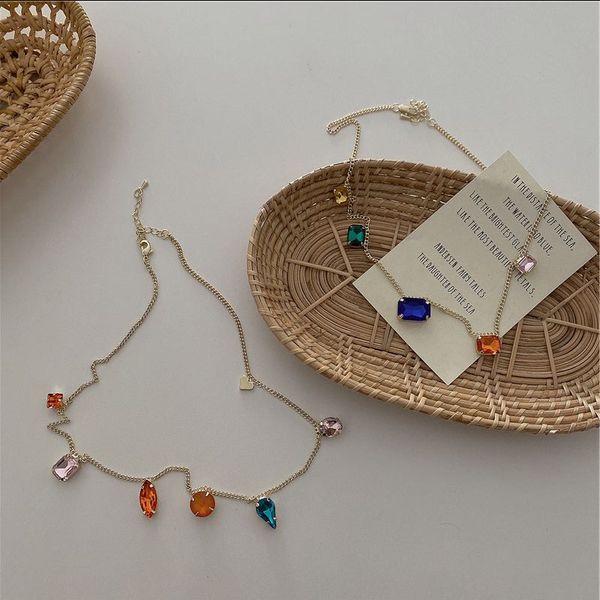 

kopo colorful rhinestone necklace for women clavicle chain shiny waterdrop wedding party aesthetic jewellery, Golden;silver