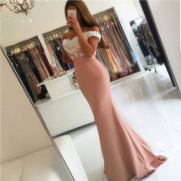 

new pink prom dresses mermaid off the shoulder satin lace backless long elegant prom gown evening dresses robe de soiree, Black;red