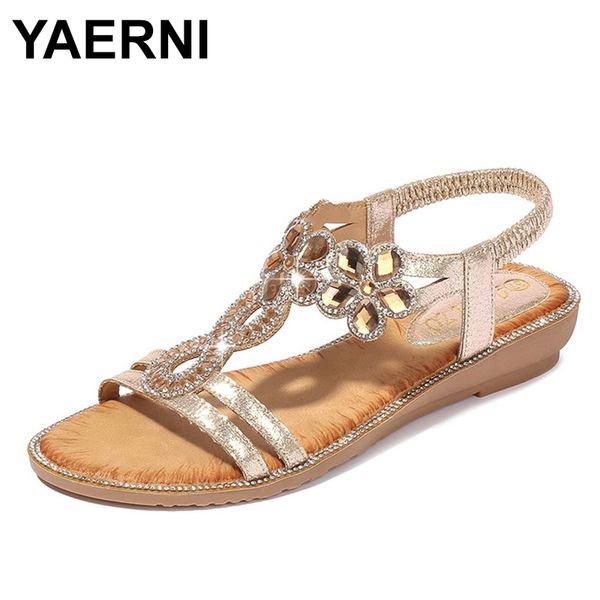 

yaerni bohemian soft summer shoes women bling flower crystal sandals rhinestone casual flat shoes big size 36-42, Black