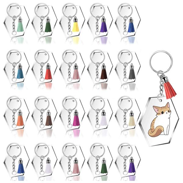 

acrylic transparent discs clear acrylic hexagon keychain blanks with 30pcs key chains, 30pcs colorful tassel pendants, Silver