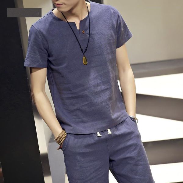 

new arrival mens linen sets shirts with pants designer brand clothing men set tracksuit loose fit man short sleeve clothes, Gray