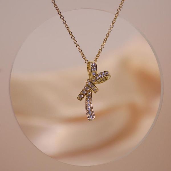 

dr-11 explosion models bow tassel necklace female gold short clavicle chain tide temperament zircon pendant crystal, Silver