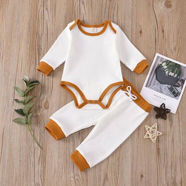 2020 Infant criança Roupas Cores sólidas bebê Romper Define manga comprida emenda Onesies Crianças Patchwork terno de calças recém-nascidos roupa do bebê