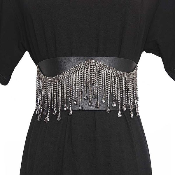 

luxury baoxiu wide chain belt tassel rhinestone wild lady elastic girdle gold dress belt female corset accessory women, Black;brown