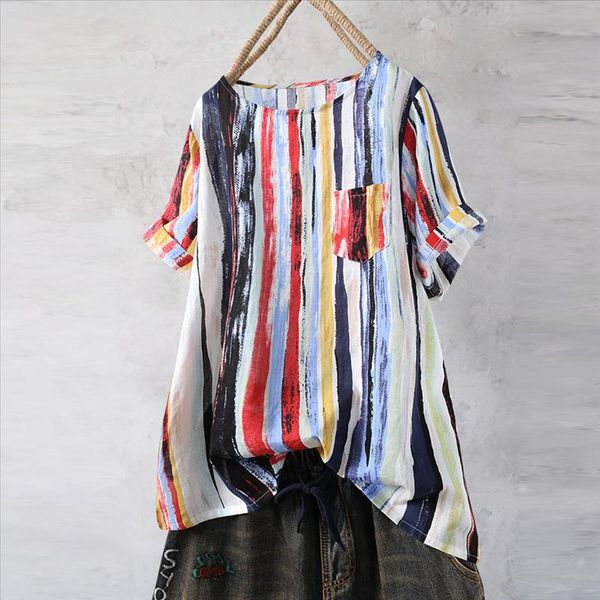 

blouse chemister women casual graffiti rainbow stripe print shirt short sleeve round neck blouse pocket blouse femme top, White