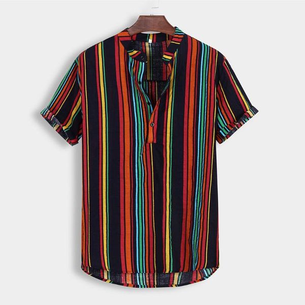 

men's shirt summer fashion stand collar strip print short sleeve shirt blouse casual new style cotton men, White;black