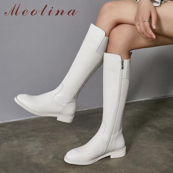 

boots meotina knee high women shoes real leather low heel riding zipper thick heels long autumn winter whiter black