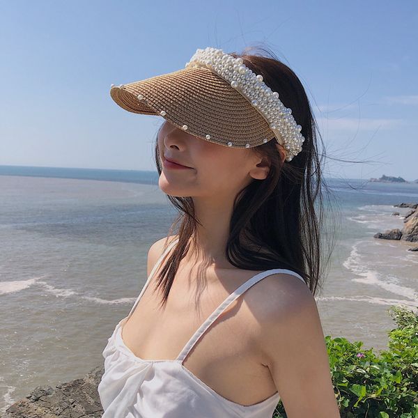 

women summer caps handmade pearl beaded beach straw sun hat korean style beige brown black outdoor sunscreen hats md0143, Blue;gray
