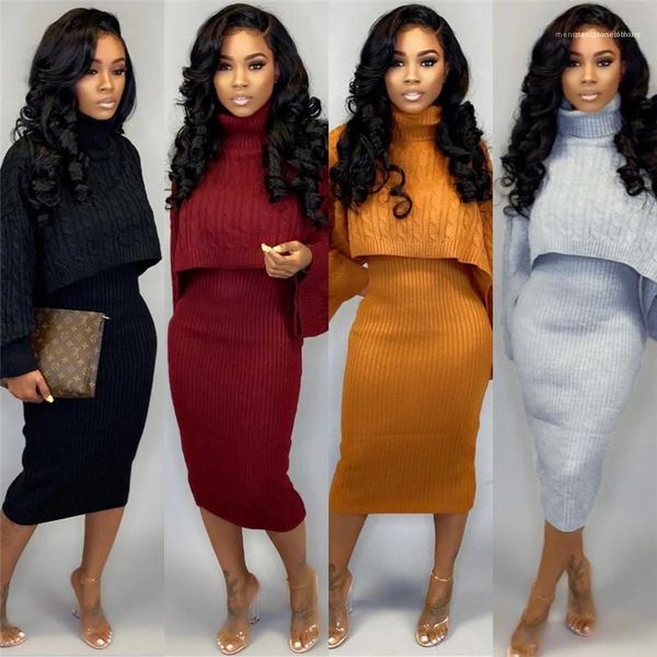 

two pieces outfits high neck long sleeve solid color 2pcs sweaters fashion plus size female clothing ladies, White