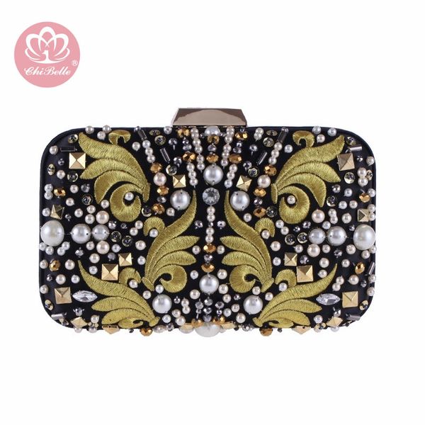 

chi belle retro style white pearl embroidery beaded small women evening clutch bags black ou material made in china factory bags