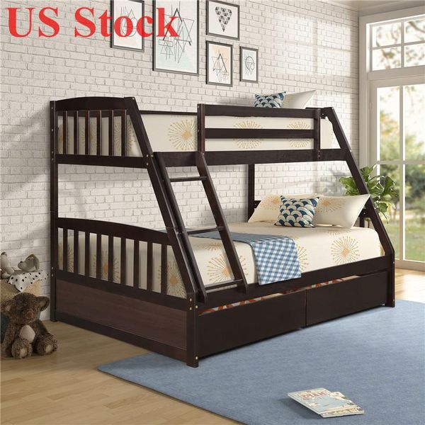 

us stock solid wood twin over full bunk bed with two storage drawers modern dorm home living beds with ladders fast shipping sh000092paa