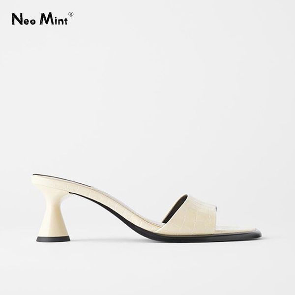 

2020 snakeskin patent leather women mules high heels sandals woman summer shoes open toe strange round heels slipper shoes, Black