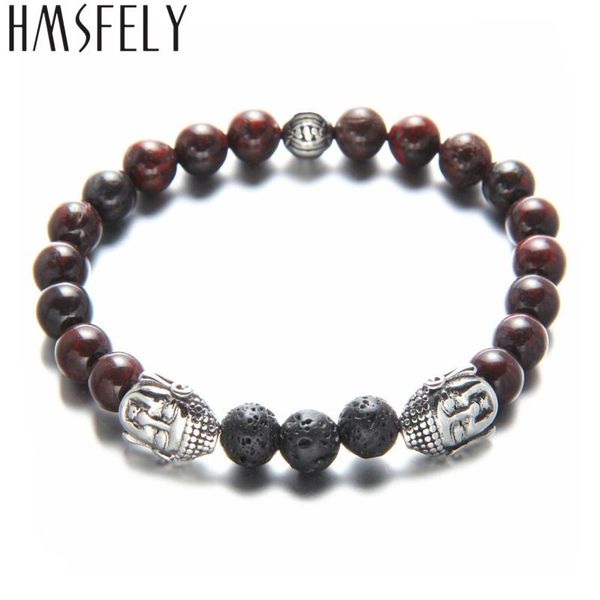 

hmsfely natural red ore beads buddhist bracelet jewelry 316l stainless steel buddha beads bracelets for men women fit 17-21cm, Black