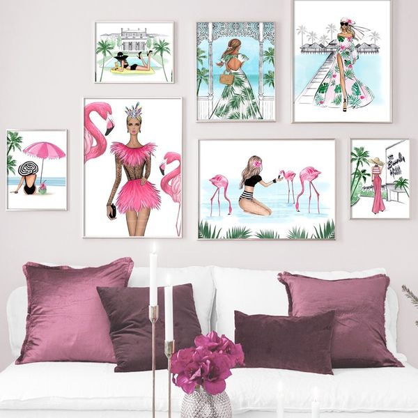 

fashion girl flamingo tropical landscape wall art canvas painting nordic posters and prints wall pictures for living room decor