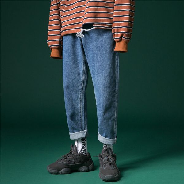 

original jeans for mens denim jeans men straight loose casual cowboy pants spring 2020 mens fashion korean solid trousers, Blue