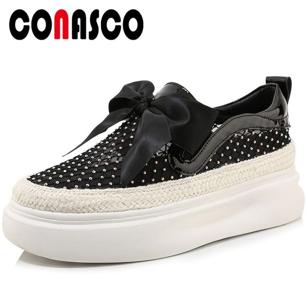 

conasco spring summer new arrival fashion concise casual women flats butterfly-knot rhinestone mesh flat platform shoes woman, Black