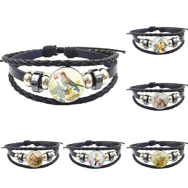 

charm bracelets three feathered friends songbird for girls wholesale fashion novelty glass black leather bracelet bangles, Golden;silver