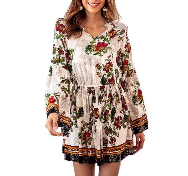 

autumn dress women vintage floral print dresses women 2018 v-neck ladies boho long sleeve women dress festa 2018 robe002, Black;gray
