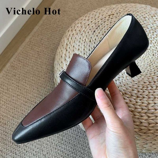 

vichelo french romantic vintage natural leather small square toe strange med heel brand shoes young lady women pumps l1f5, Black