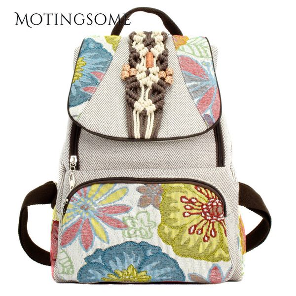 

retro chinese style women backpack floral pattern linen with cotton handmade knitting chinese knot school bag vintage 2020 new