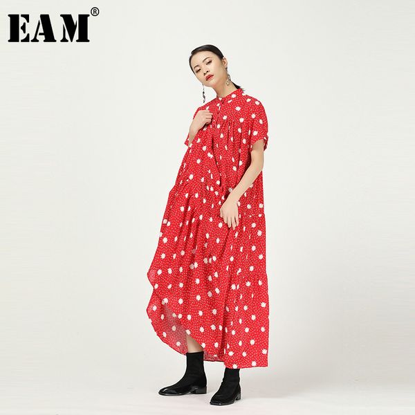 

[eam] women pattern printed pleated big size shirt dress new satnd collar short sleeve loose fashion spring summer 2020 1t309, White;black