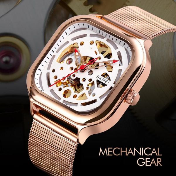 

skmei mechanical watch skeleton men's watches stainless steel automatic watch men waterproof bracelet clock male montre homme, Slivery;brown