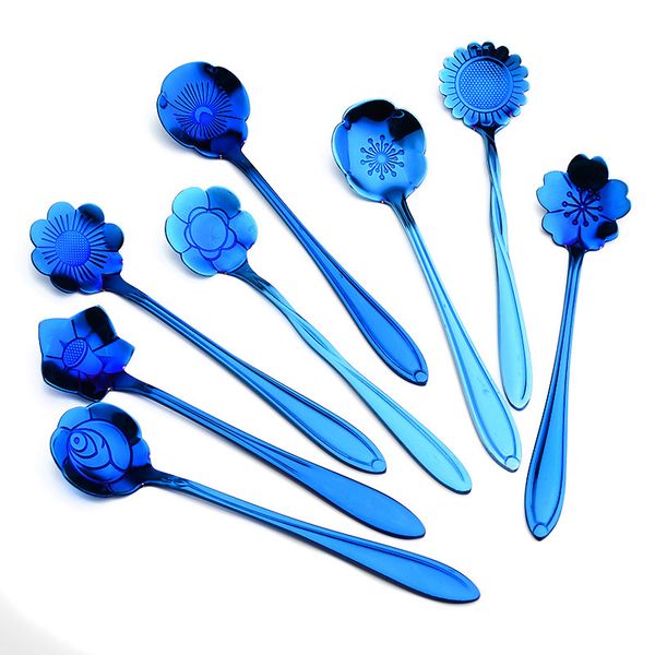 

flatware sets 5pcs blue gold plated stainless steel tableware cherry blossom spoon rose type coffee stir set