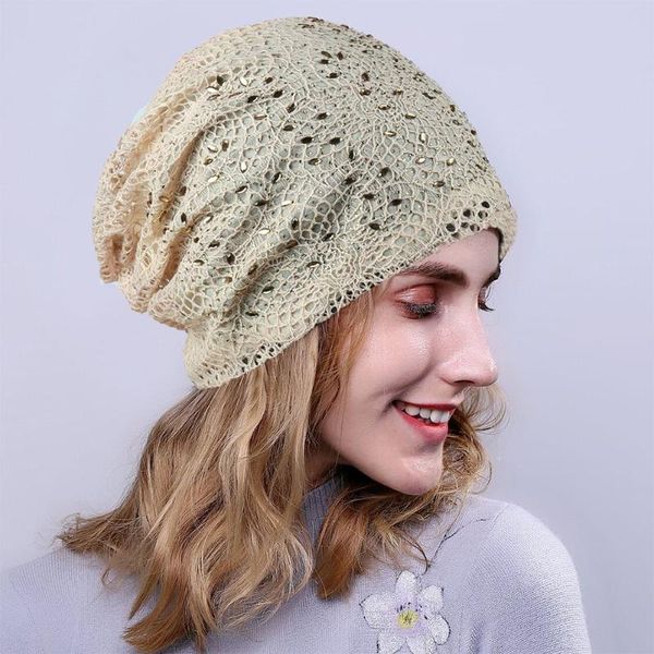 

women rhinestone studded hollowed out lace sleeping turban hat hair loss chemotherapy cap knitting autumn casual cotton blend, Blue;gray