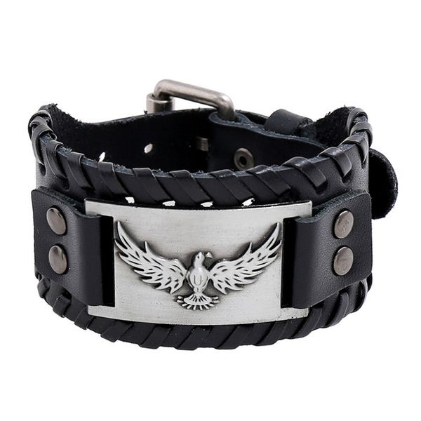 

punk vintage genuine leather wide bracelet retro army men wristbands eagle viking charms bangle biker rock women fashion jewelry, Golden;silver