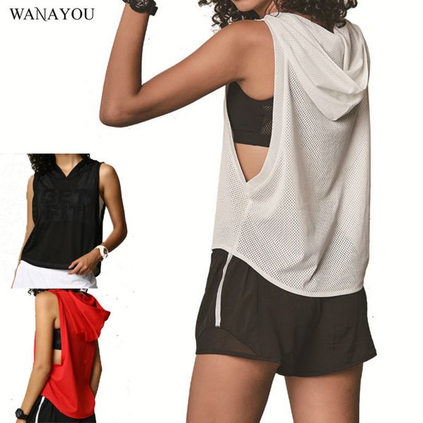 

wanayou hooded yoga shirts gym yoga sports t shirts for fitness woman sleeveless vest gym sports quick dry running tank top, White;red