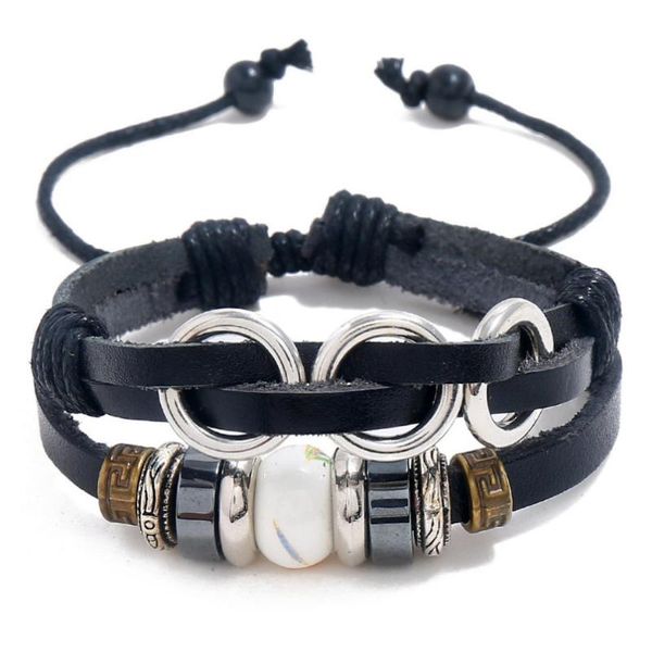 

casual fashion black round beads charm leather bracelet alloy retro wrap handmade bangle wristbands vintage punk jewelry, Golden;silver