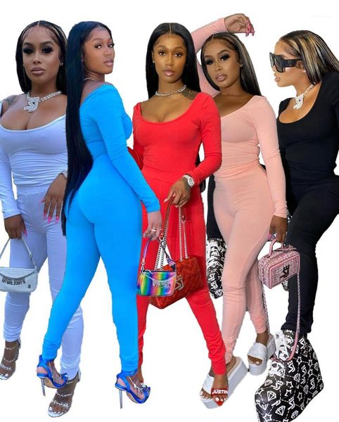 

designer 2pcs solid color long sleeve slim women two piece pants casual comfortable clothing slash neck womens, White