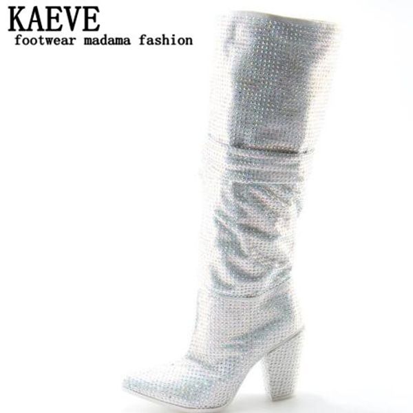 

2020 luxury crystal women pointy toe knee high boots chunky heel boots slip on ladies knight rhinestone, Black