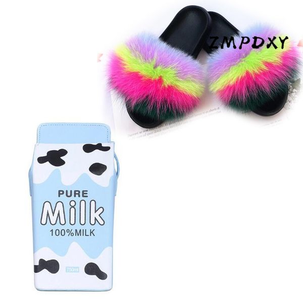 

ladies real fur slippers female jelly shoulder bag shoes sets women's fluffy slides furry sandals cute candy crossbody purse, Black