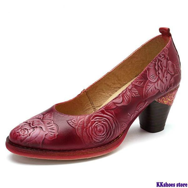 

vintage flower embossed pumps women red genuine leather shoes woman block high heel pumps women retro ladies shoes new, Black