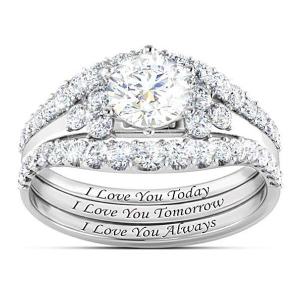 Ouro de prata de luxo três em um diamante empilhável anéis com pedras laterais Eu te amo sempre noivado casamento anéis de casamento anel anel aniversário presente