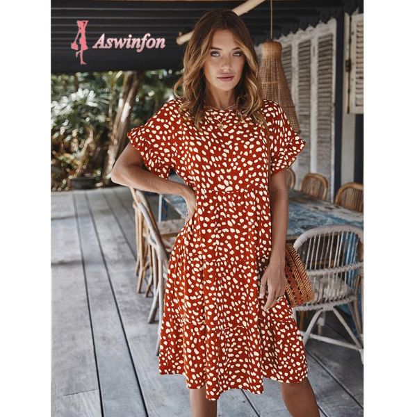 

aswinfon ruffle sleeve polka dot dress women 2020 summer floral printed ruffle midi dress cotton o-neck wave point sundress lady, Black;gray