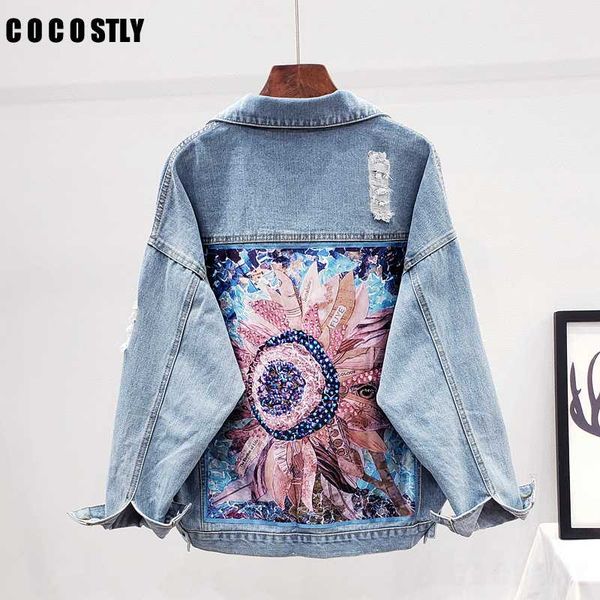 

women denim jacket feminine autumn boho sequin floral appliques embroidery jeans jacket long sleeve outerwear female veste femme, Black;brown