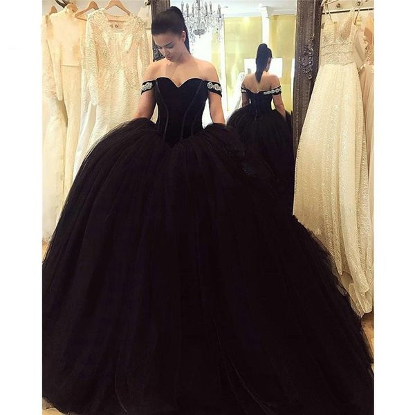 Puffy Black Vestidos De Quinceanera Ball Gowns Prom 2021 White Applique Off The Shoulder Velvet Tulle Prom Sweet 15 Dress Plus Size Lace-up
