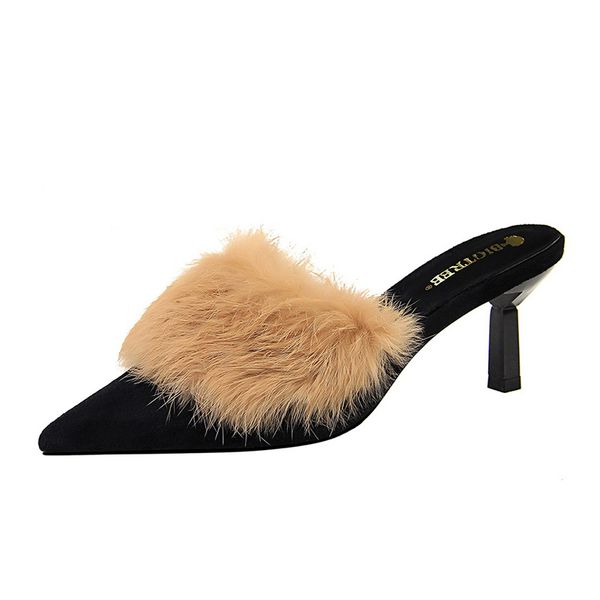 

2020 женская мода насосы шпильках высокие каблуки острым носом fur slingback сандалии элегантное платье удобные ботинки женщин, Black